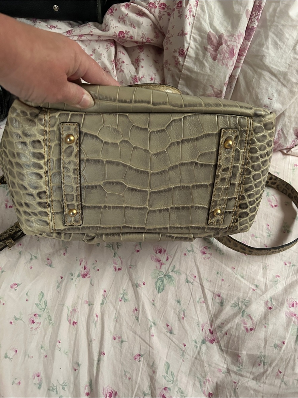Dooney & Bourke Taupe Croc-Embossed Leather Satchel with Brass Hardware - Picture 4 of 7